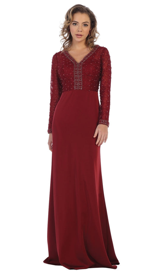 May Queen - RQ7692 Applique Long Sleeve Sheath Dress In Red