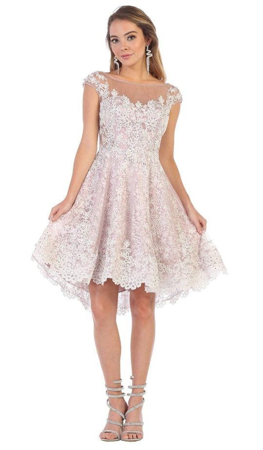 May Queen - RQ7694 Embellished Lace Illusion Bateau A-line Dress In White and Pink