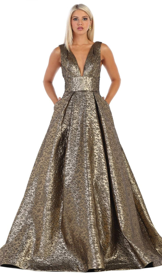 May Queen - RQ7701 Deep V-neck Pleated Ballgown With Train In Brown