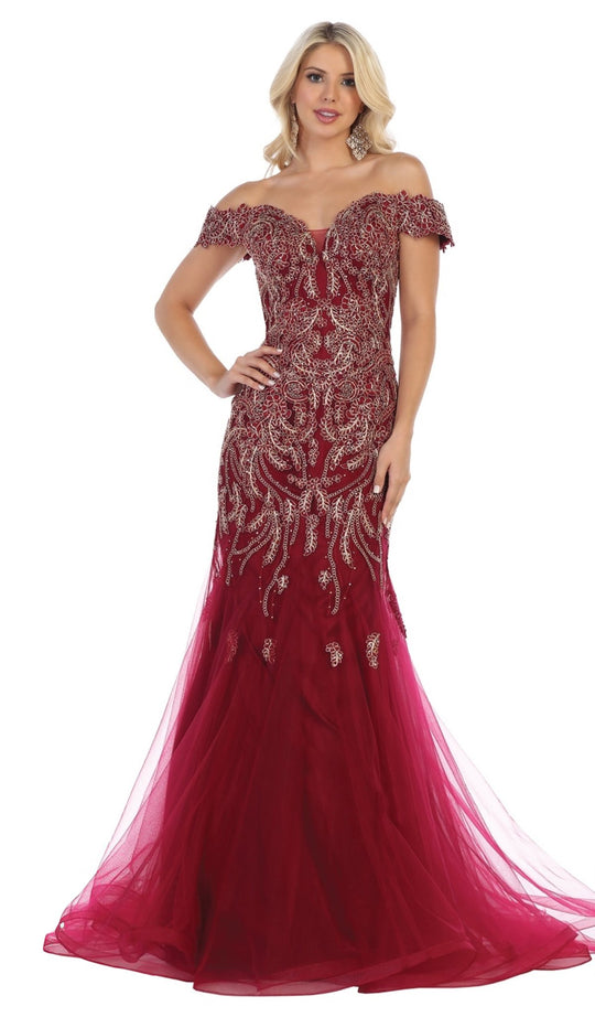 May Queen - RQ7705 Foliage Appliqued Plunging Off Shoulder Gown In Red