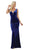 May Queen - RQ7710 Plunging V-Neck Velvet Sheath Gown In Blue