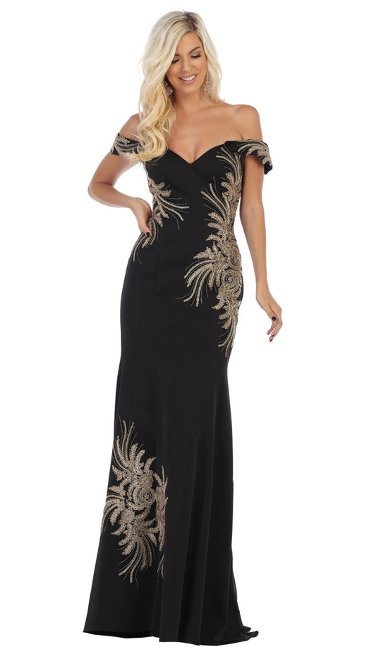 May Queen - RQ7712 Embellished Off-Shoulder Trumpet Dress In Black