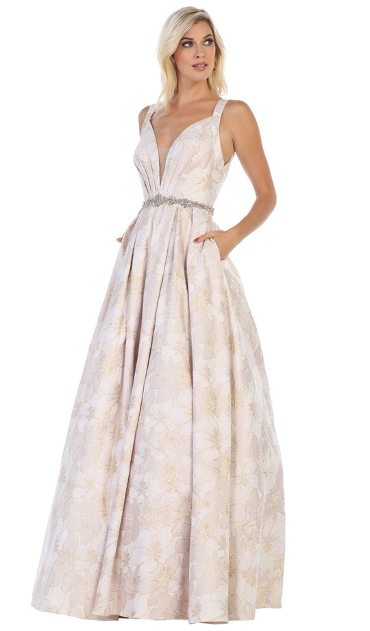 May Queen - RQ7715 Pleated V-Neck A-Line Evening Gown In Nude