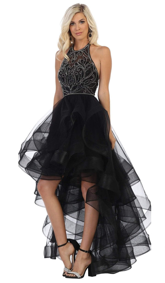 May Queen - Jeweled Halter High Low Ruffled Dress RQ7717 In Black