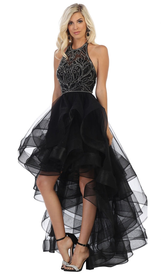May Queen - RQ7717 Jeweled Illusion Halter High Low Gown In Black
