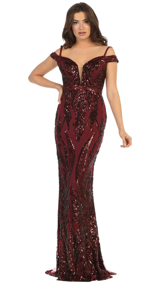 May Queen - RQ7718 Sequin Embellished Plunging Gown In Red
