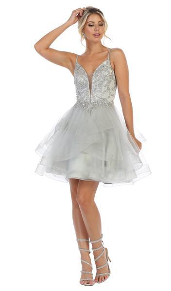 May Queen - Jeweled Corset Back A-Line Dress RQ7719 In Silver