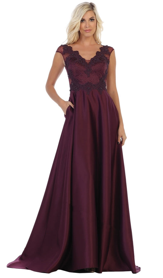 May Queen - RQ7723 Beaded Lace A-Line Evening Gown In Purple