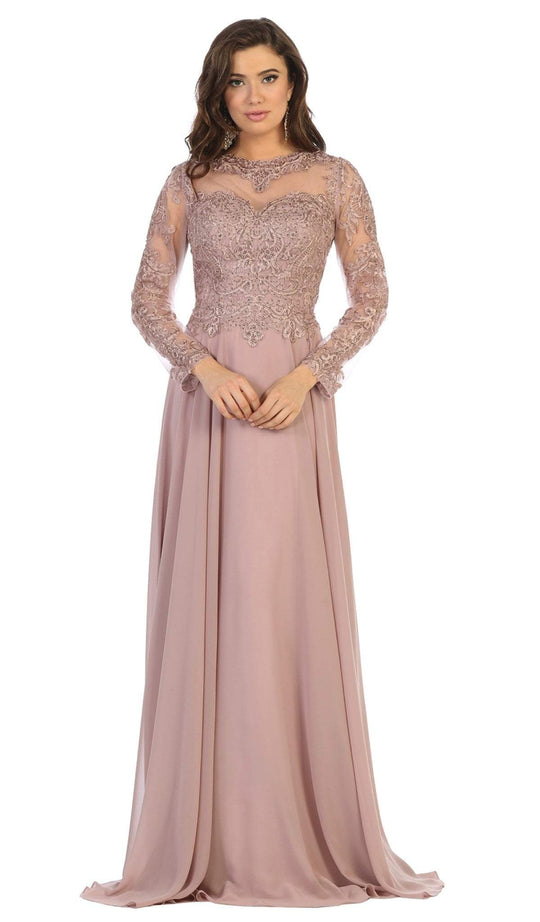 May Queen - RQ7732 Embroidered Long Sleeve Bateau A-line Dress In Purple