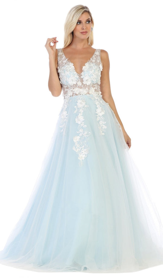 May Queen - RQ7733 Floral Embroidered Plunging V-Neck Dress In White and Blue