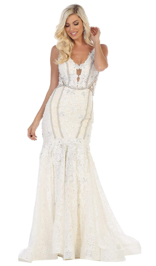 May Queen - RQ7735 Floral Lace Deep V-neck Mermaid Dress In White