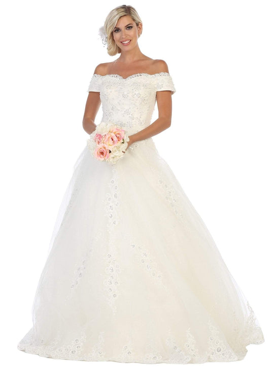 May Queen - RQ7737 Embellished Off-Shoulder Ballgown With Train In White
