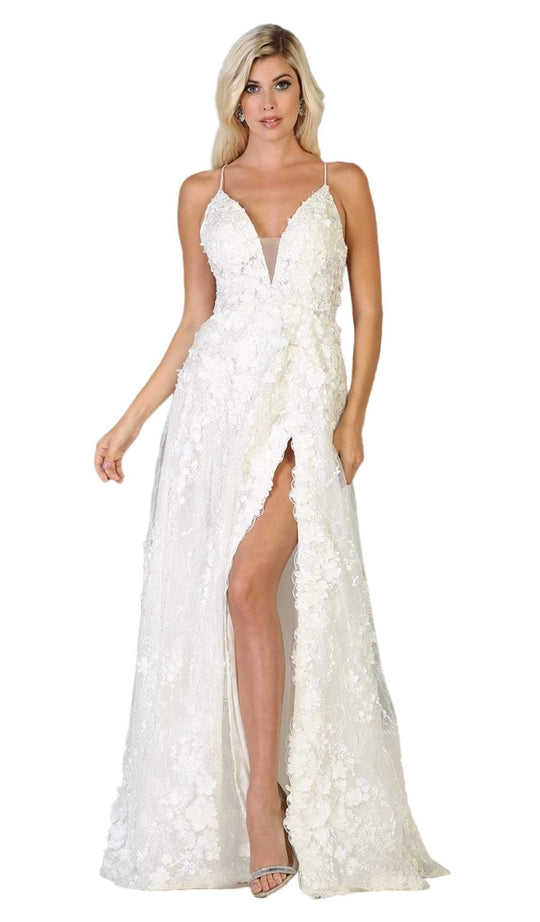 May Queen Bridal - RQ7738 Strappy Appliqued A-Line Dress with Slit In White