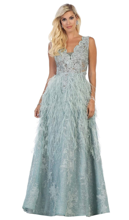 May Queen - RQ7741 Applique Scalloped V-neck A-line Dress In Green