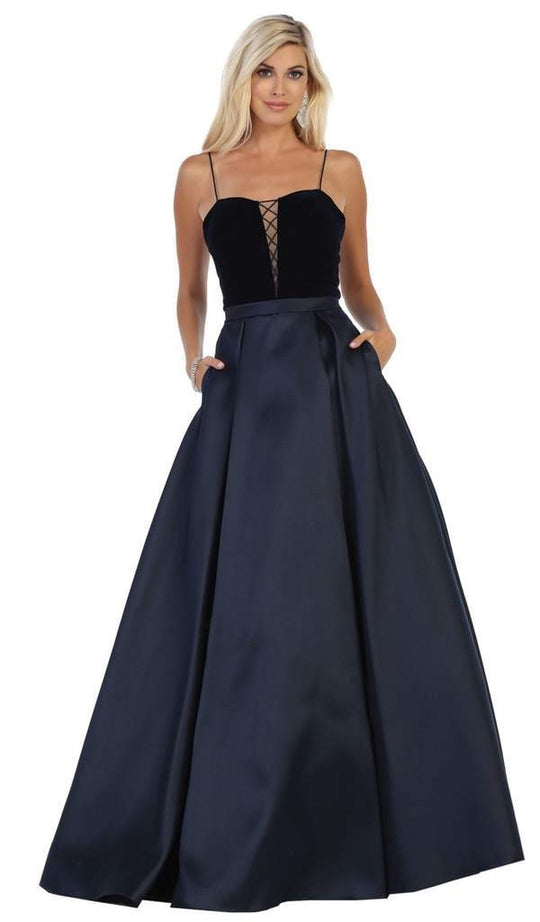 May Queen - Sleeveless Lace Up Front Pleated Ballgown RQ7742  In Black and Blue