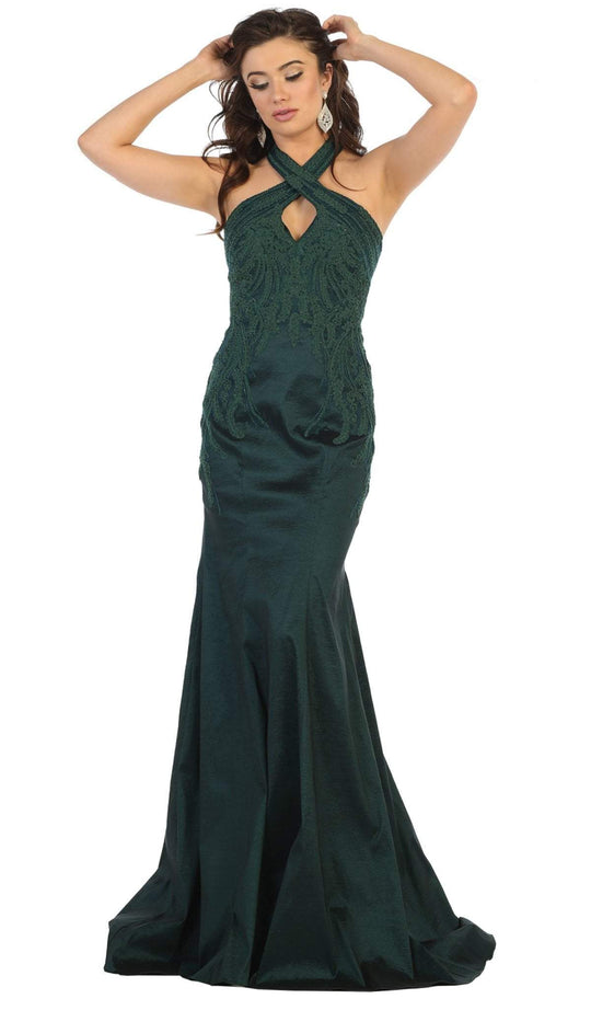May Queen - RQ7743 Appliqued Halter Mermaid Gown In Green