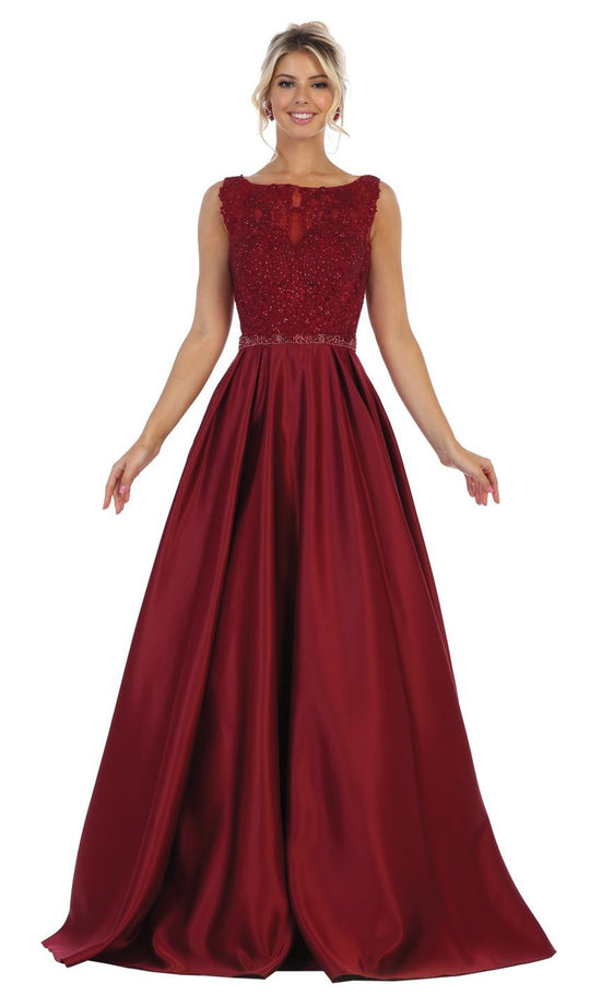 May Queen - RQ7744 Sleeveless Embellished Bateau Ballgown In Red