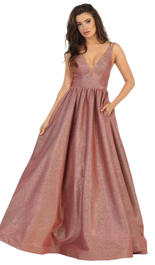 May Queen - RQ7748 Strappy Plunging V-Neck Dress In Pink