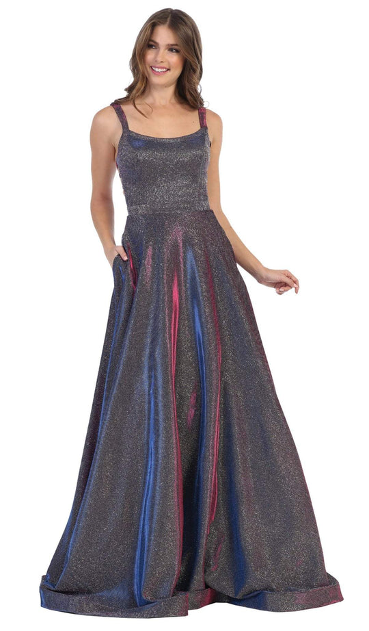 May Queen - RQ7757 Shimmer Square Neck A-line Gown in Purple and Multi-color