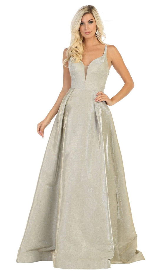 May Queen - RQ7759 Plunging Sweetheart Metallic A-Line Gown In Gold