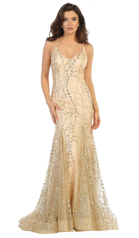May Queen - RQ7763 Embellished Plunging V-neck Trumpet Dress In Gold