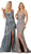 May Queen - RQ7767 Deep V-neck Trumpet Dress With Train In Green and Neutral