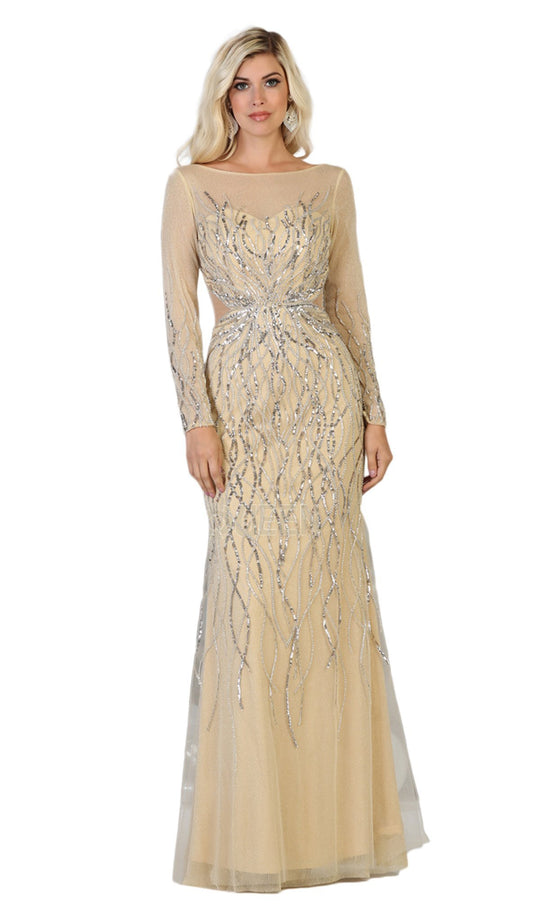 May Queen - RQ7768 Embellished Bateau Long Sleeve Trumpet Dress in Neutral