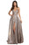 Sherri Hill - 52977 Long Surplice V-Neck High Slit Dress In Brown and Silver
