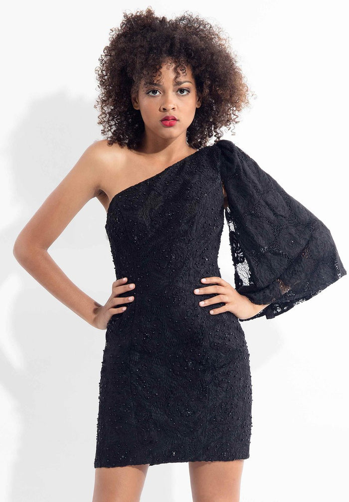 Rachel Allan LBD - L1136 Angel Sleeve Asymmetrical Lace Cocktail Dress in Black