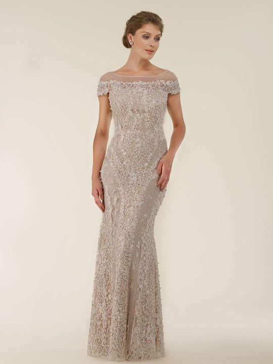 Rina di Montella - RD2403-1 Lace Applique Illusion Bateau Sheath Gown In Silver and Neutral