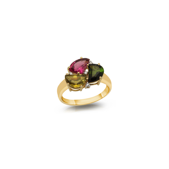 Multicolor Stones With Diamond Pave All Round Ring In 18K Yellow Gold