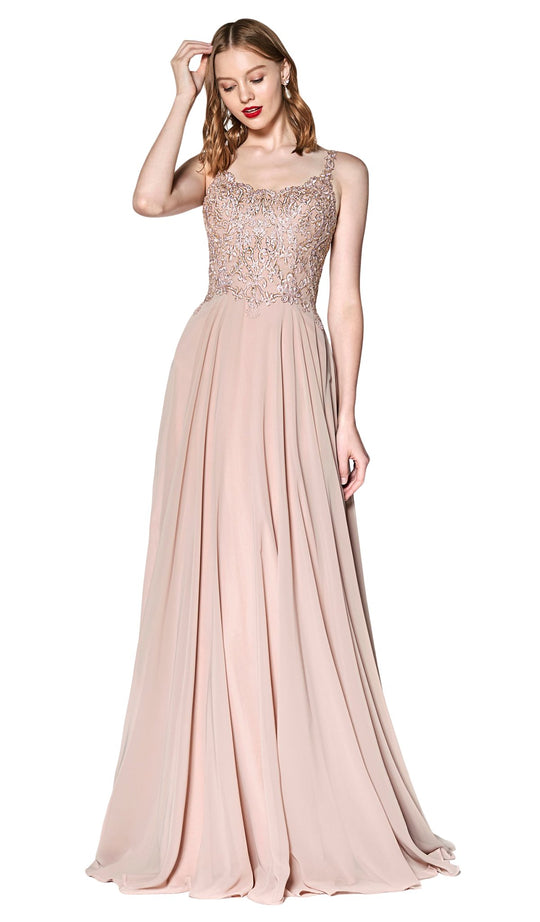 Cinderella Divine - KC886 Lace Scalloped Scoop Chiffon A-line Gown In Pink and Gold