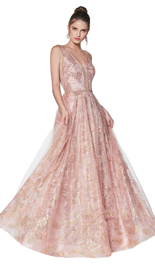 Cinderella Divine - CJ271 Glitter Print V-neck Ballgown In Pink and Gold