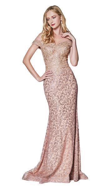 Cinderella Divine - Beaded Lace Off-Shoulder Trumpet Dress KC881 In Pink and Gold