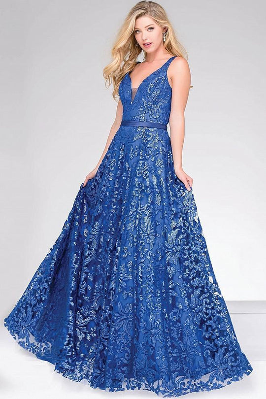 Blue Embellished Lace Prom Ballgown Jvn50320