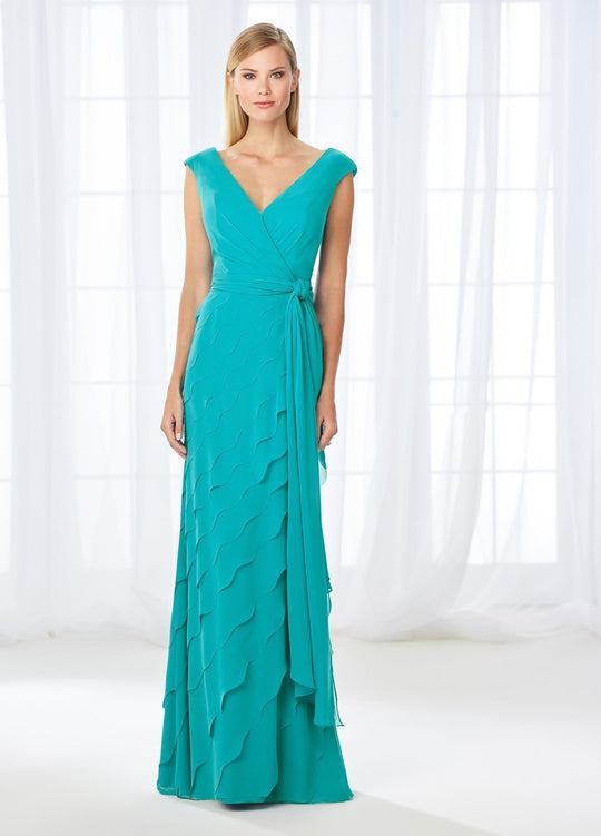 Cameron Blake - 118668 Cap Sleeve Wrap Tie Scalloped Evening Gown  In Blue