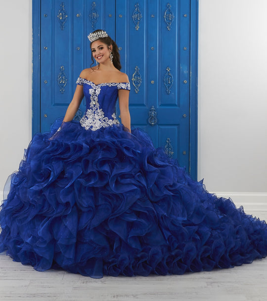 LA Glitter - 24041 Beaded Off-Shoulder Ruffled Glitter Tulle Ballgown In Blue and Silver