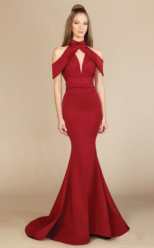 MNM Couture - S0005 High Neck with Cold Shoulders Gown in Red