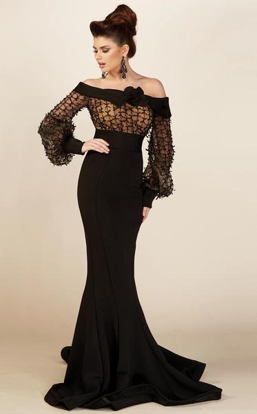 MNM COUTURE - Bell Sleeve Ribbon Detailed Mermaid Gown S0006L In Black