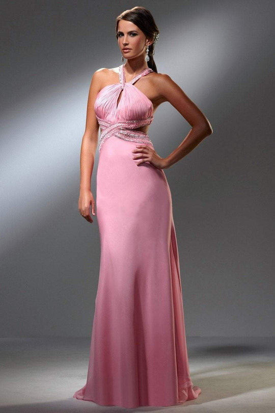Blush - S010 Embellished Halter Neckline Evening Gown In Pink