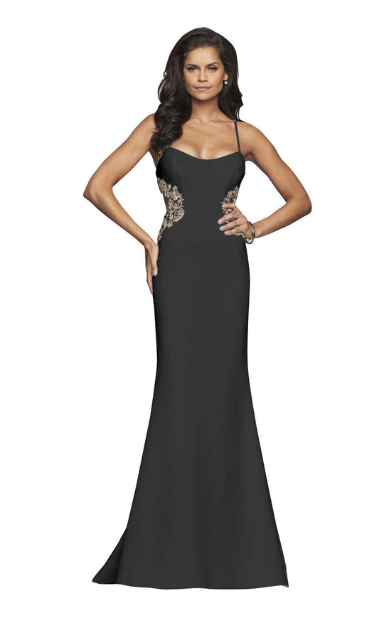 Faviana - S10302 Metallic Floral Appliqued Trumpet Gown in Black