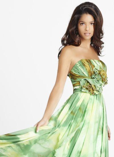 Blush - Floral Printed Strapless Long Dress 9226 in Green and Print