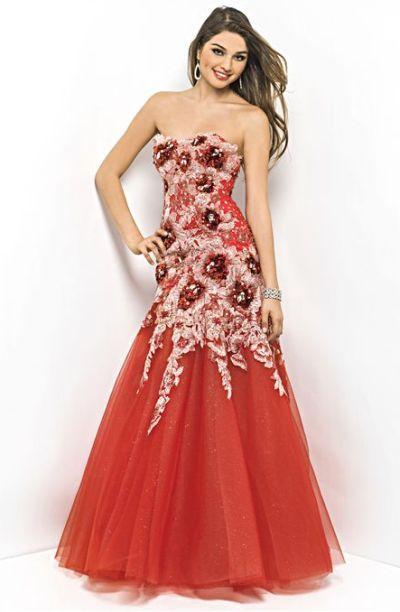 Blush - Embroided Strapless Floral Trumpet Gown 9533 in Red