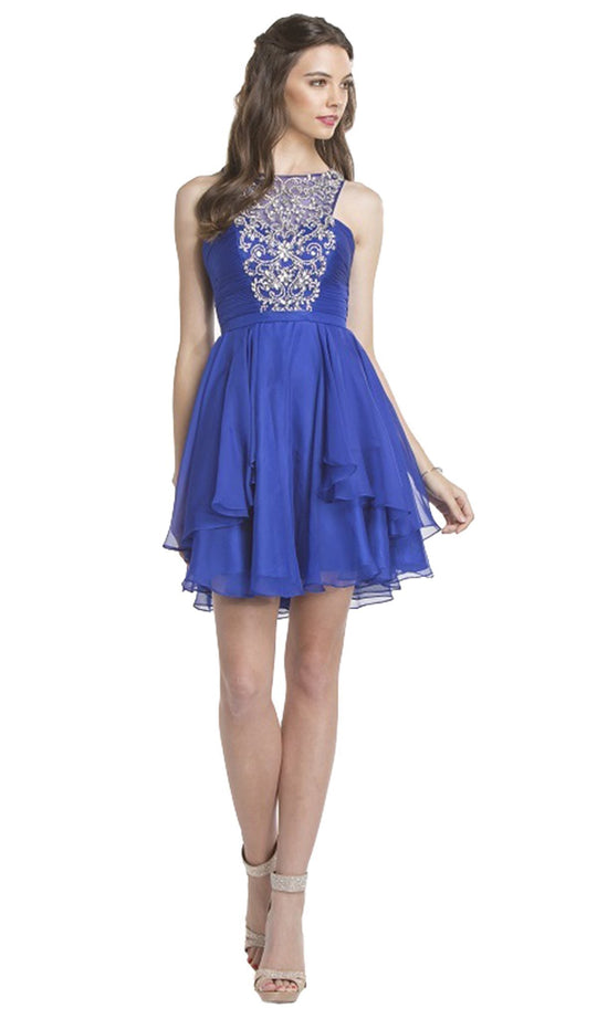 Bedazzled Halter Neck Homecoming A-line Dress in Blue