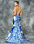 Colors Dress - 1660 Halter Neck Mikado Print Evening Gown in White and Blue