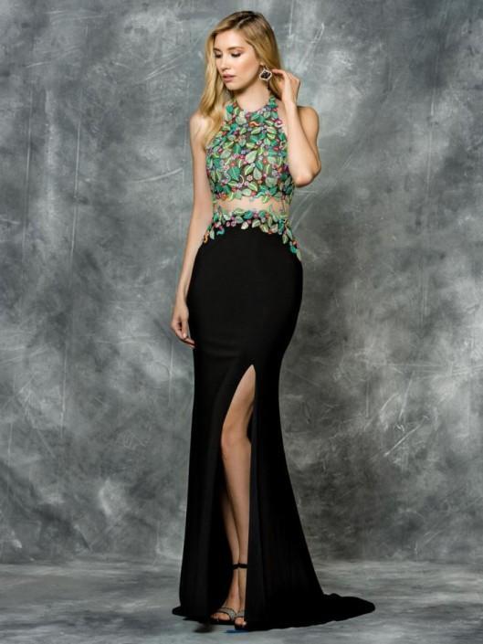 Colors Dress - 1665 Halter Neck Embroidered Evening Gown in Black