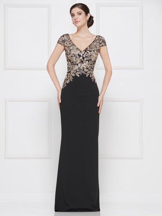 Rina Di Montella - RD2652 Embroidered Vneck Stretch Crepe Sheath Dress In Black and Gold
