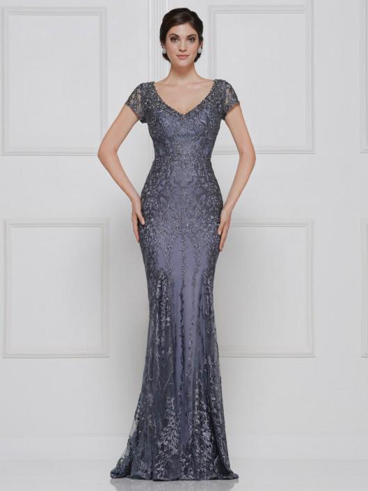 Rina Di Montella - RD2657 Lace Applique Plunging V-neck Trumpet Dress In Blue