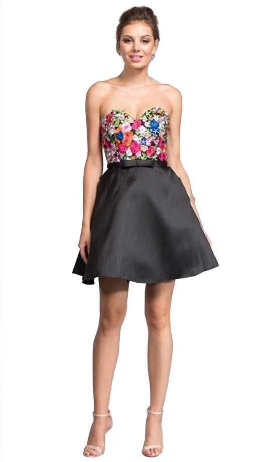 Aspeed Design Multi-Colored Embroidered Homecoming Dress in Black and Mutli-color