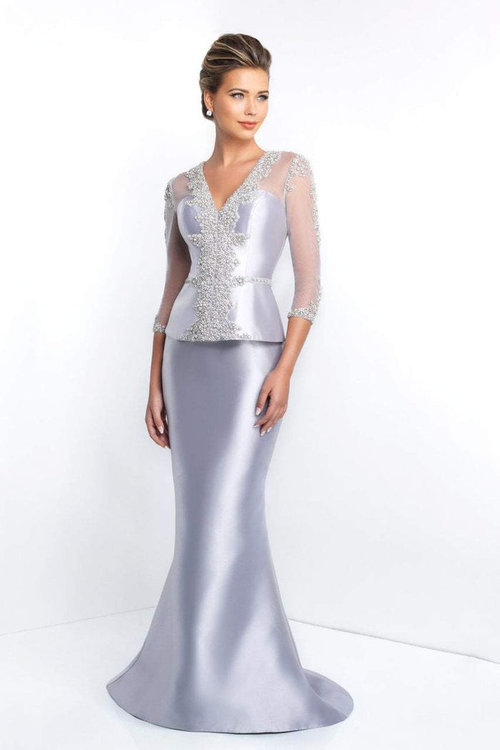 Blush - S2001 Quarter Sleeve Crystal Ornate Peplum Sheath Gown In Silver